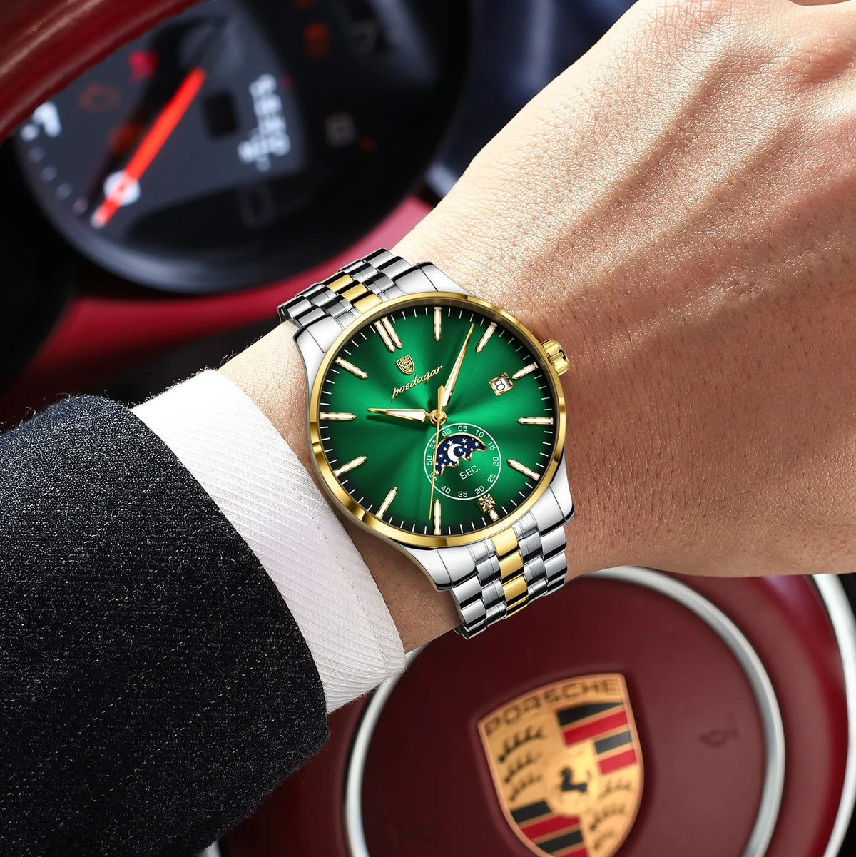 Poedagar 854 Men's Quartz Watch Luxury Moon Phase Stainless Steel Montre Homme Calendar Waterproof Business Wristwatch for Men