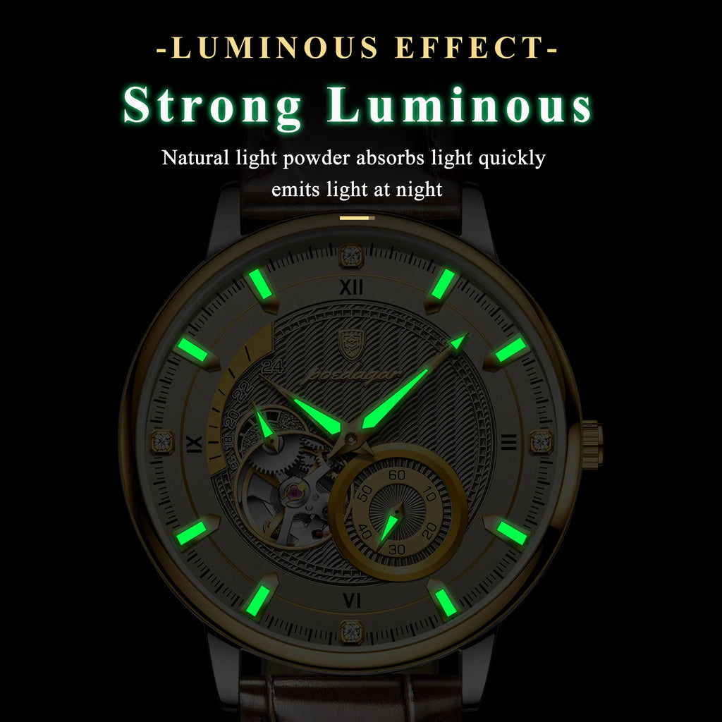 Poedagar Luxury Sports Men Relojes Waterproof Luminous Leather Watch for Men Hollow Tourbillon Automatic Mechanical Watch