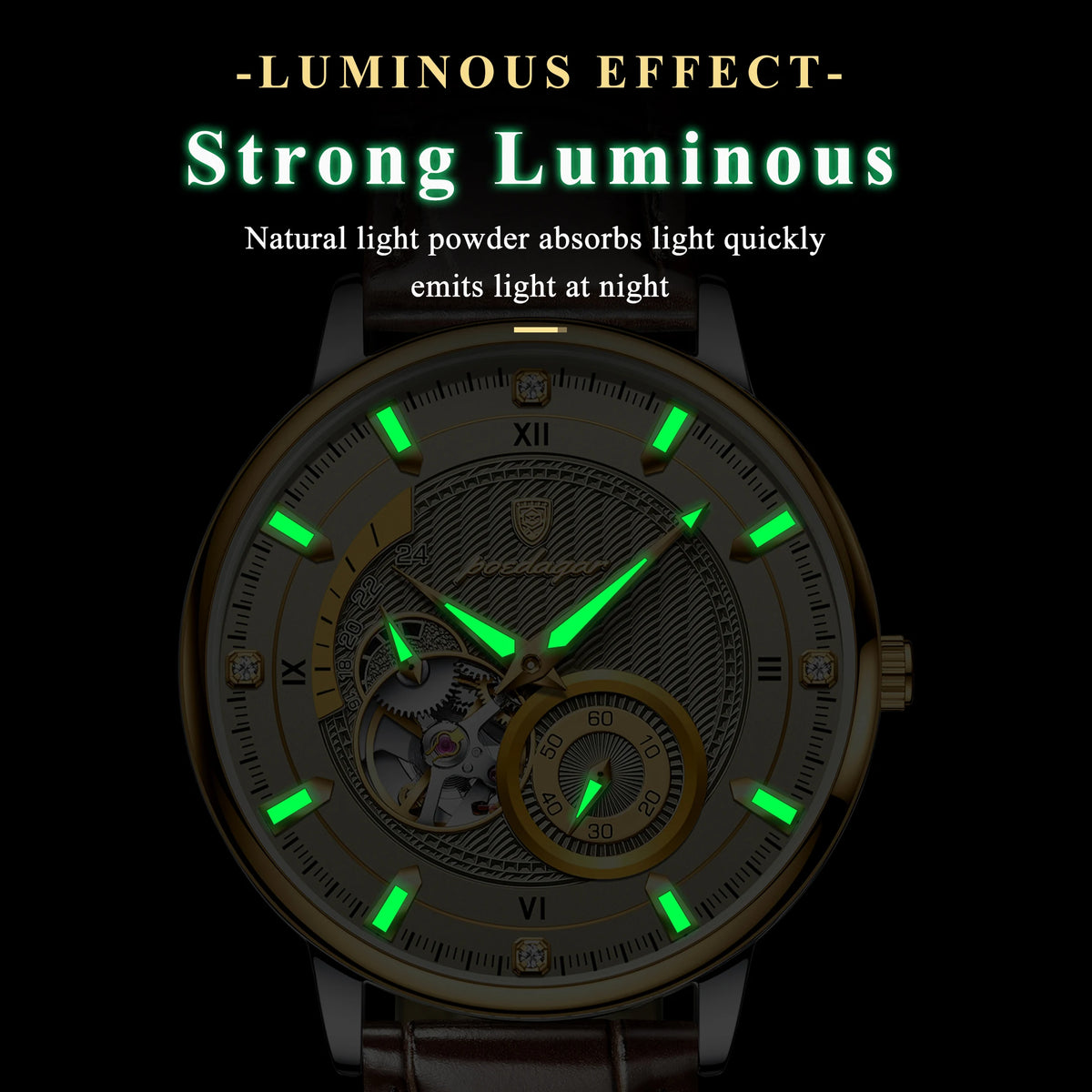 Poedagar Luxury Sports Men Relojes Waterproof Luminous Leather Watch for Men Hollow Tourbillon Automatic Mechanical Watch