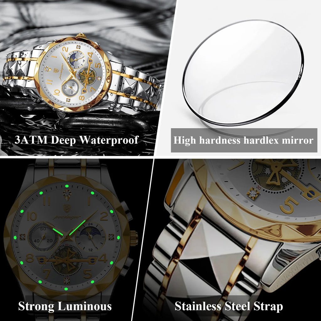 Poedagar 972 Watch for Men Luxury Fashion Chronograph 3ATM Waterproof Reloj Hombre Luminous Stainless Steel Quartz Watches