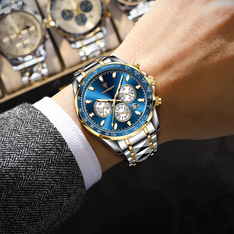 Poedagar 815 Luxury Stainless Steel Men Quartz Watches Waterproof Luminous Chronograph Watch for Men
