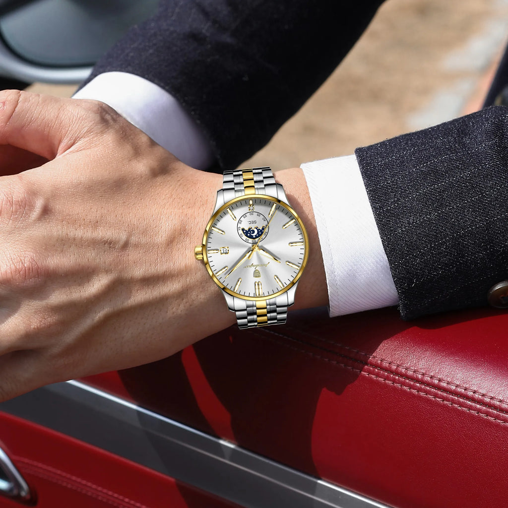 Poedagar 854 Men's Watches Luxury Moon Phase Stainless Steel Quartz Watch Reloj Calendar Waterproof Business Wristwatch for Men