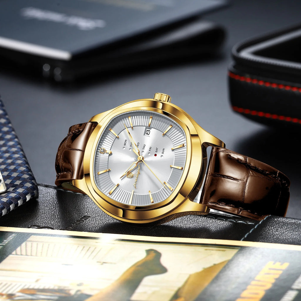 Poedagar 623 Men's Quartz Watches Leather Strap Luminous Waterproof Date Day Daily Business Formal Watch for Men Office Orologio