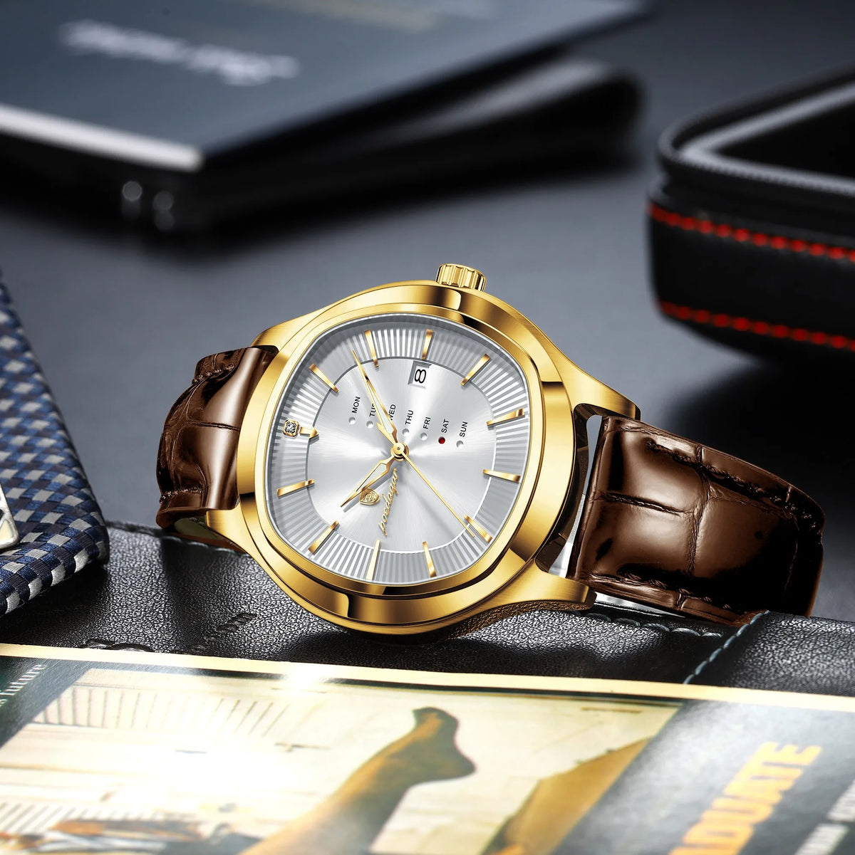 Poedagar 623 Men's Quartz Watches Leather Strap Luminous Waterproof Date Day Daily Business Formal Watch for Men Office Orologio