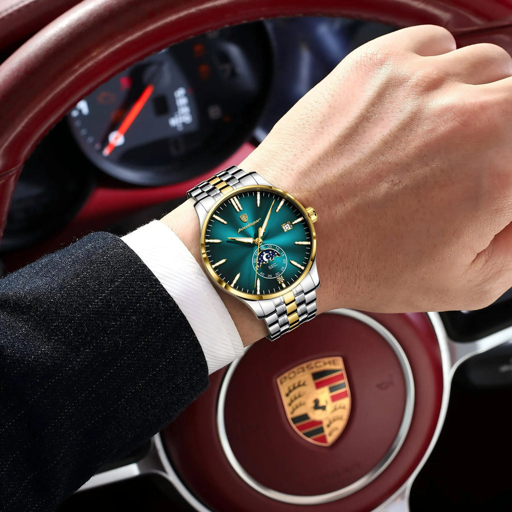 Poedagar 854 Luxury Mens Quartz Watch Stainless Steel Band Moon Phase Calendar Waterproof Business Wristwatch for Men