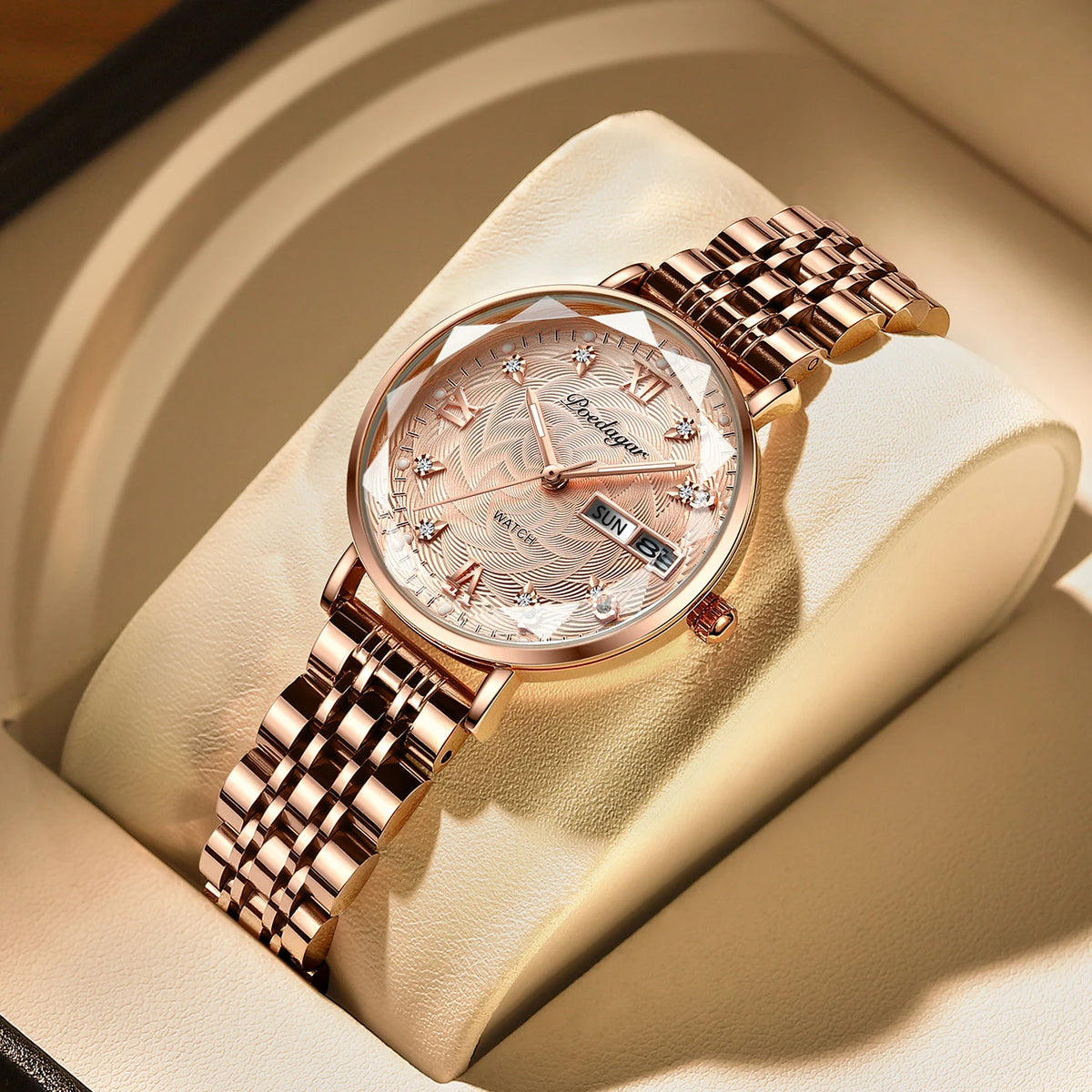Poedagar Elegant Luxury Women Quartz Watches Waterproof Calendar Ladies Watch Rose Gold Stainless Steel Watch for Womens C