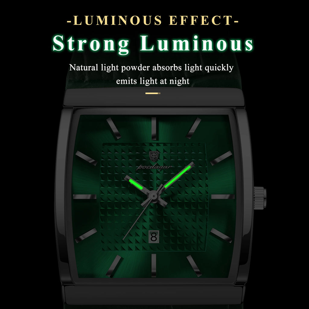 Poedagar 885 Luxury Mens Watch Leather Strap Green Dial Quartz Watches Business Waterproof Wristwatch for Men Factory Direct