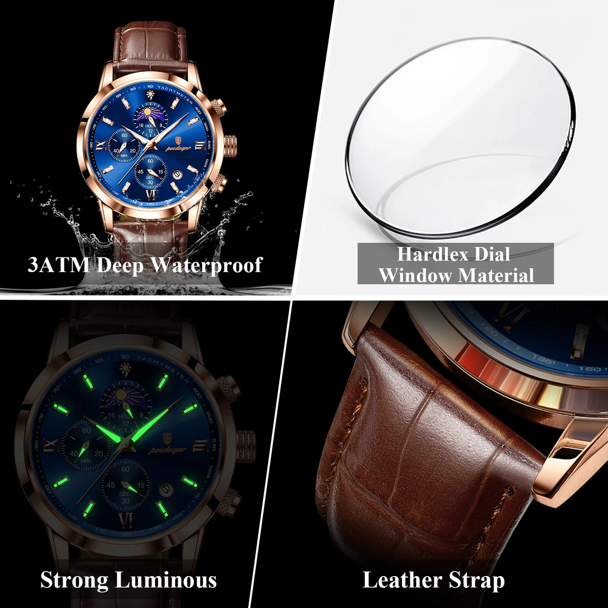 Poedagar 882 Men's Watch Business Luxury Leather Montre Waterproof Luminous Date Reloj Chronograph Quartz Wristwatch Wholesale