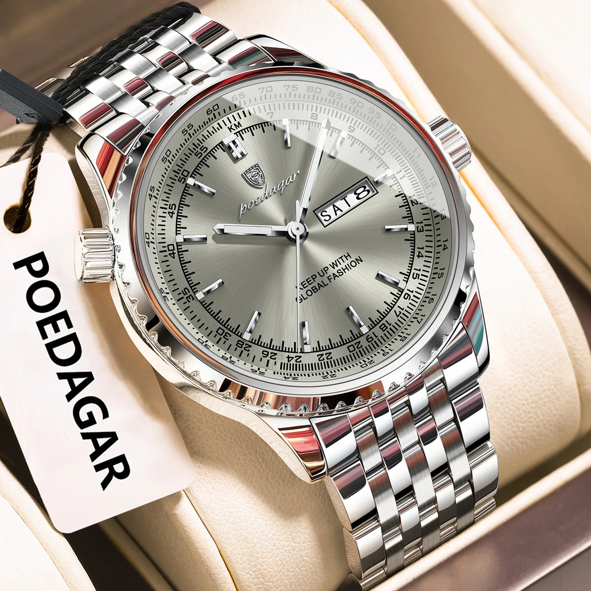 Poedagar 673 Luxury Business Solid Stainless Steel Strap Quartz Watch Waterproof Luminous Double Calendar Watch for Men