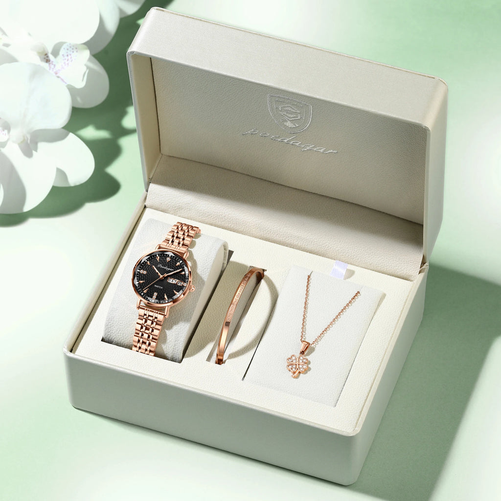 Poedagar 312 Luxury Ladies Watch & Bracelet Gift Set Stainless Steel Date Week Quartz Watches Waterproof Luminous Watch for Girl