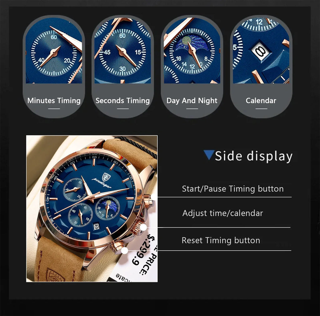 Poedagar 628 Mens Quartz Watch Chronograph Blue Dial Leather Strap Montre Waterproof Luminous Calendar Wrist Watch Sport Watches