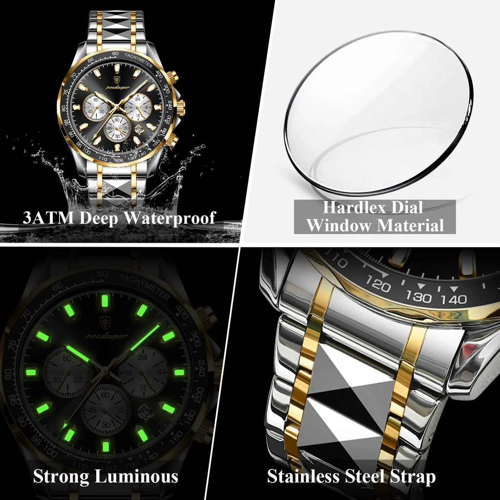 Poedagar 815 Men Quartz Watch Luxury Sport Chronograph Reloj Stainless Steel Luminous Waterproof Watch for Men Ready to Ship