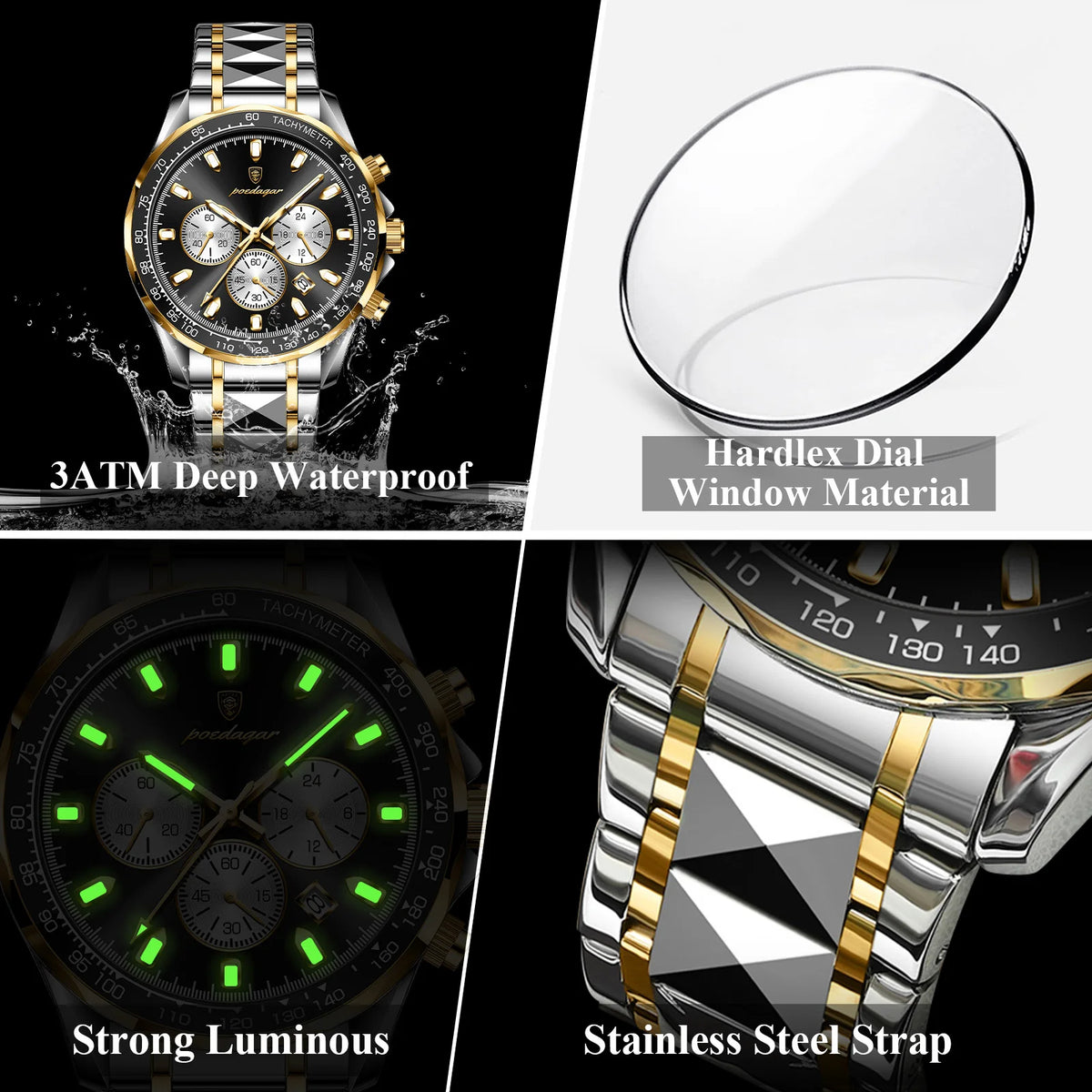 Poedagar 815 Men Quartz Watch Luxury Sport Chronograph Reloj Stainless Steel Luminous Waterproof Watch for Men Ready to Ship