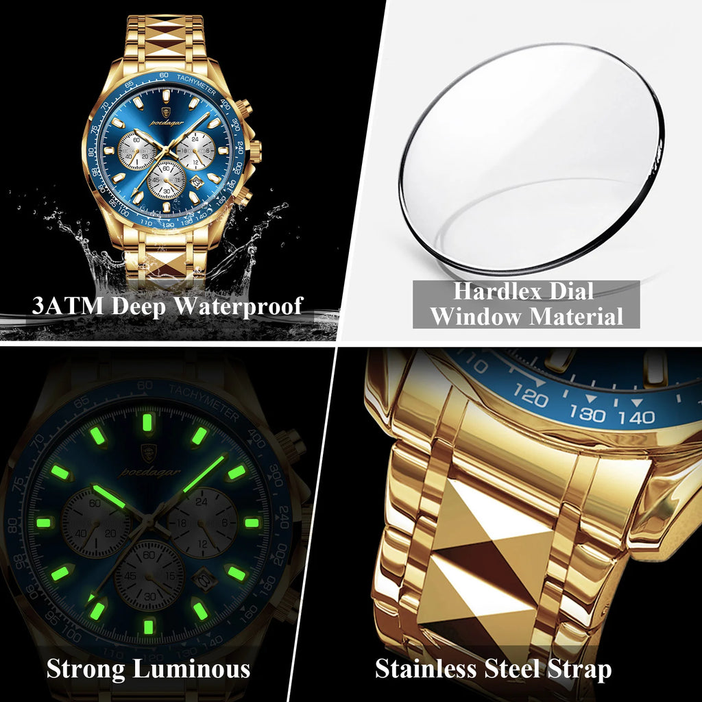 Poedagar 815 Men Watches Luxury Sport Tachymeter Chronograph 3-Eye Dial Stainless Steel Waterproof Wholesale Factory Direct