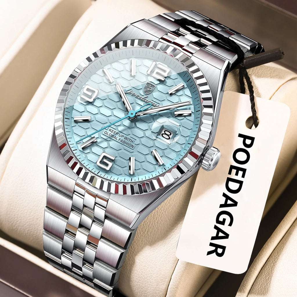 Poedagar High Quality Stainless Steel Quartz Watch Luxury Waterproof Luminous Men's Wristwatch