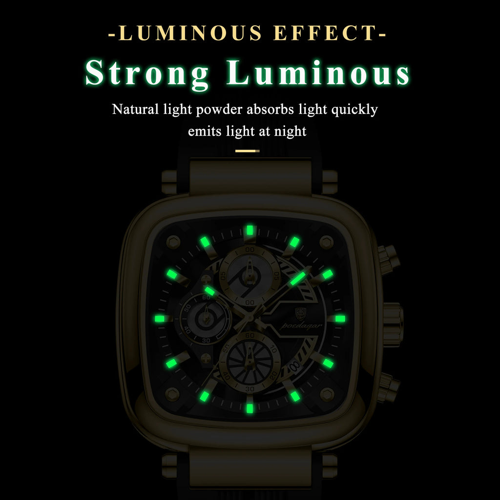 Poedagar 849 Luxury Mens Watch Square Case 3-Eye Chronograph Quartz Wristwatch Silicone Strap Luminous Waterproof Watch Montre