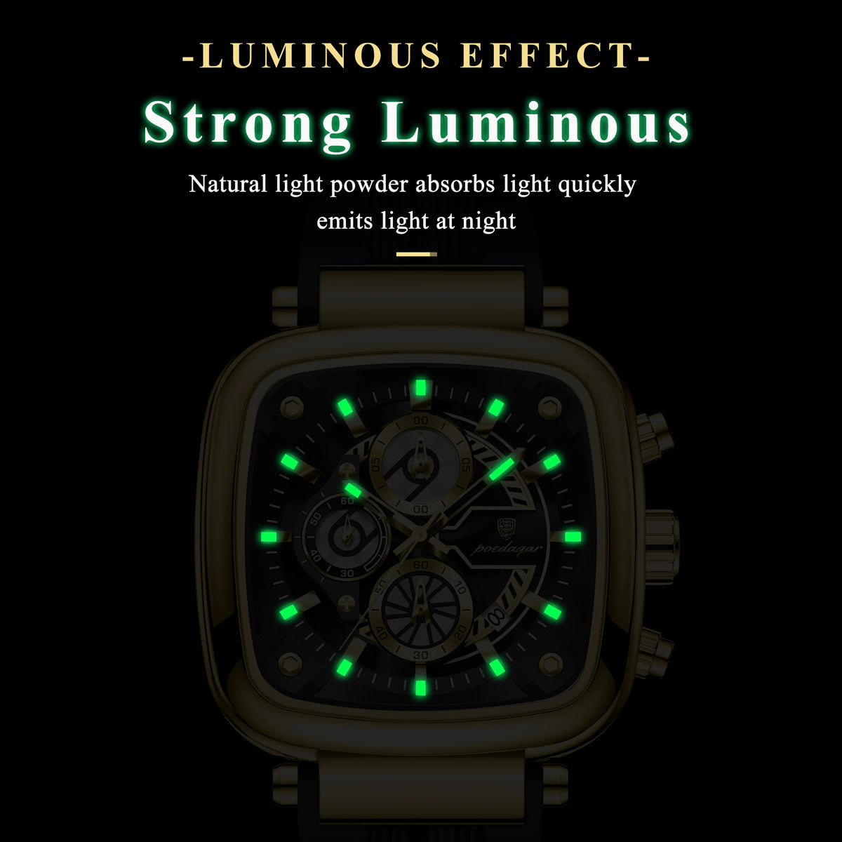Poedagar 849 Luxury Mens Watch Square Case 3-Eye Chronograph Quartz Wristwatch Silicone Strap Luminous Waterproof Watch Montre