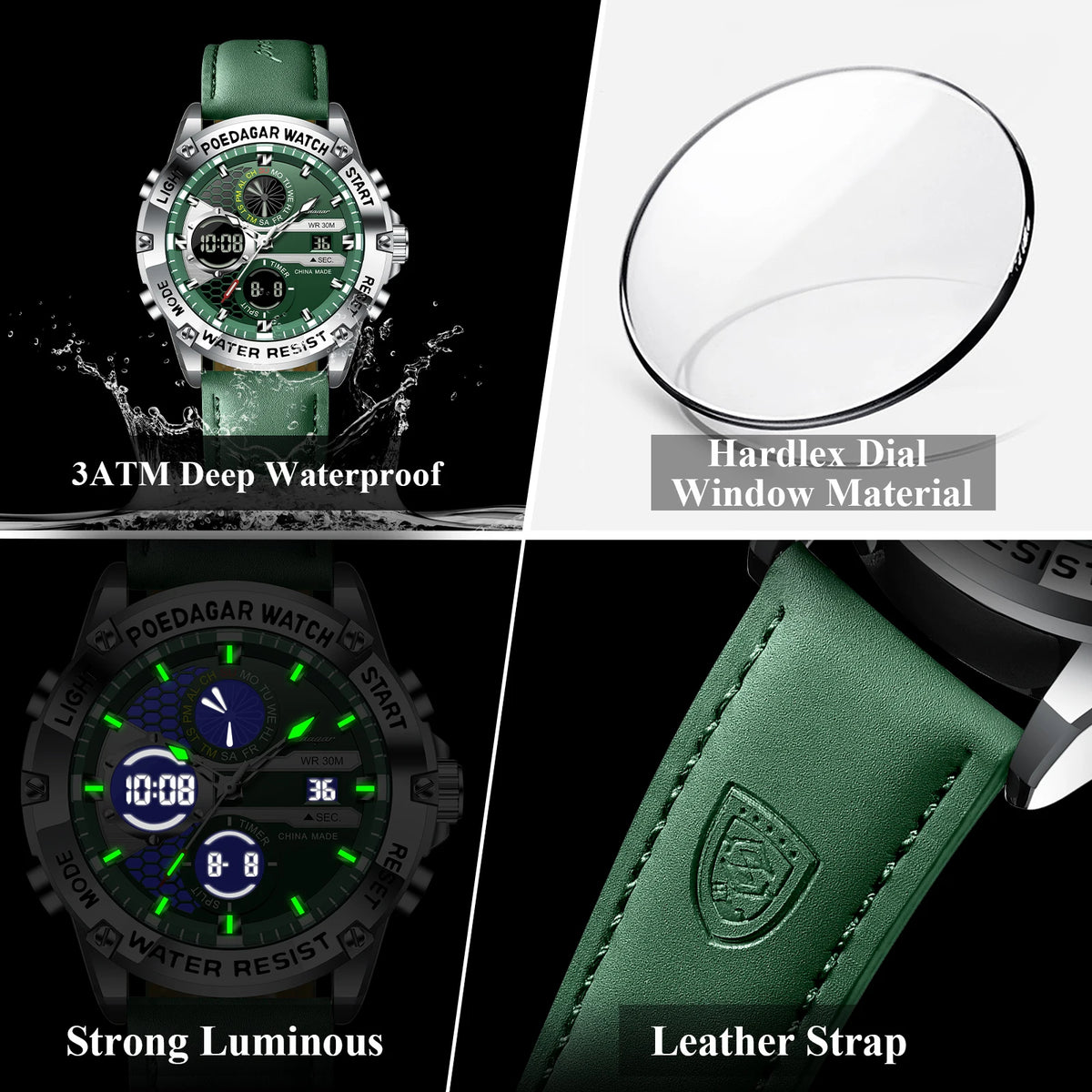 Poedagar E125 Men's Digital Watch Dual Display Quartz Watches Montre Analog Luminous Leather Strap Sports Wristwatch for Men