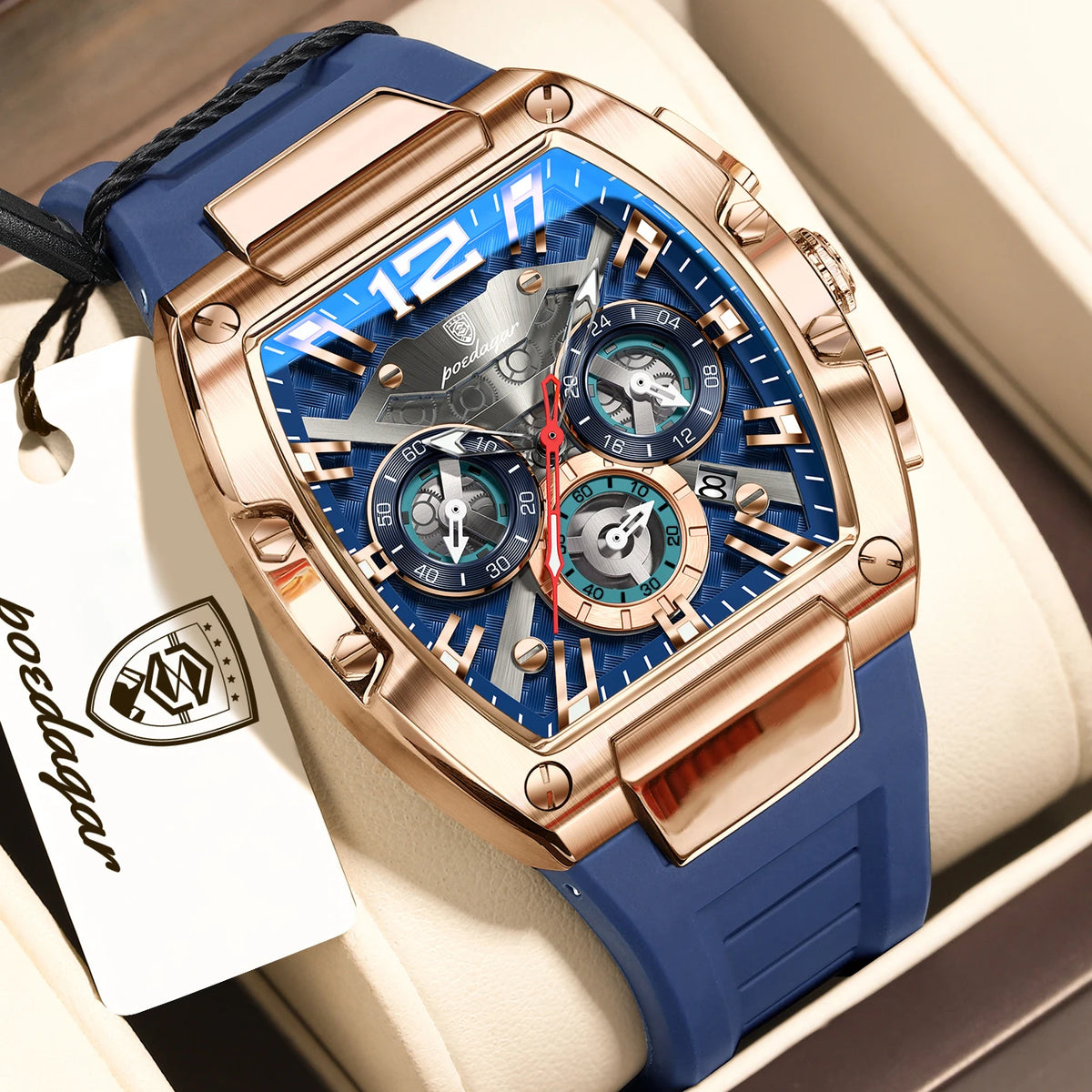 Poedagar 9051 Luxury Mens Sport Watch Tonneau Case Silicone Strap Reloj Hombre Waterproof Quartz Watch for Men Factory Direct