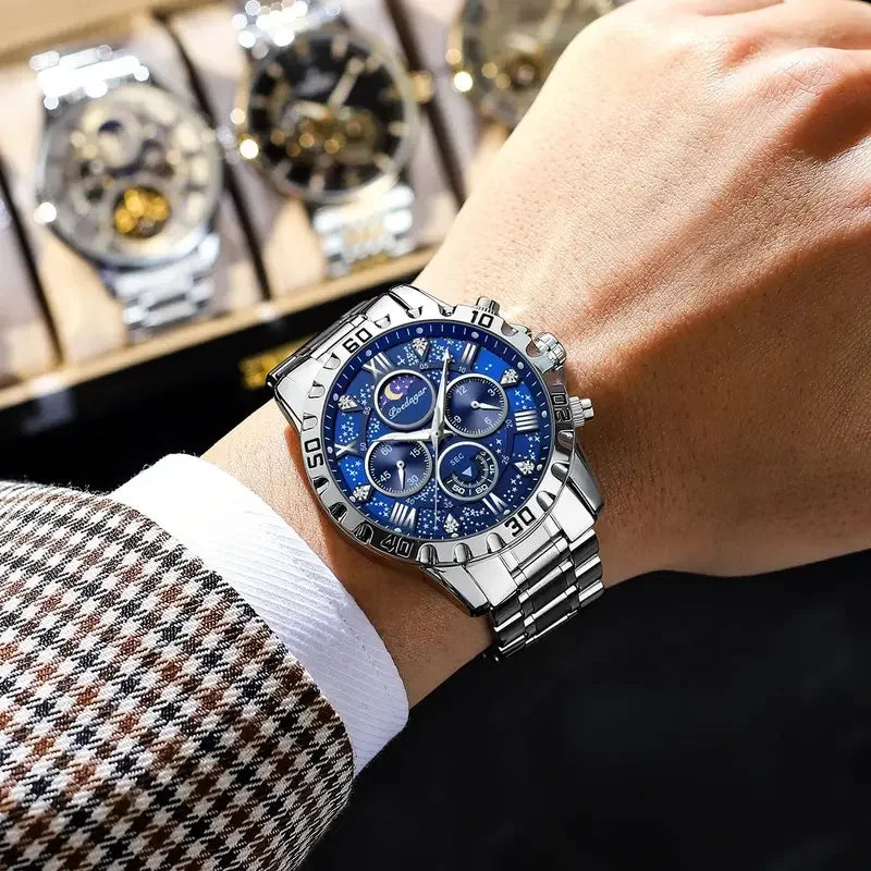 Poedagar New Fashion Mens Watches Stainless Steel Chronograph Quartz Wristwatch Waterproof Luminous Watch for Men