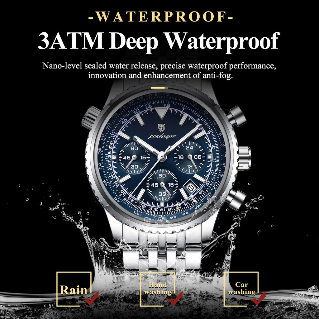 Poedagar 960 Luxury Men Watch 3-Eye Chronograph Stainless Steel Quartz Wristwatch Luminous Date Sport Business Casual Waterproof