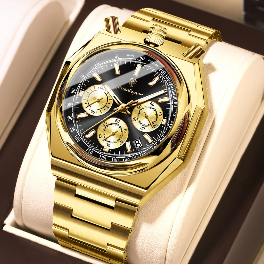 Poedagar Quartz Business Watch for Men Waterproof Luminous Multi-Function Chronograph Stainless Steel Watch for Men