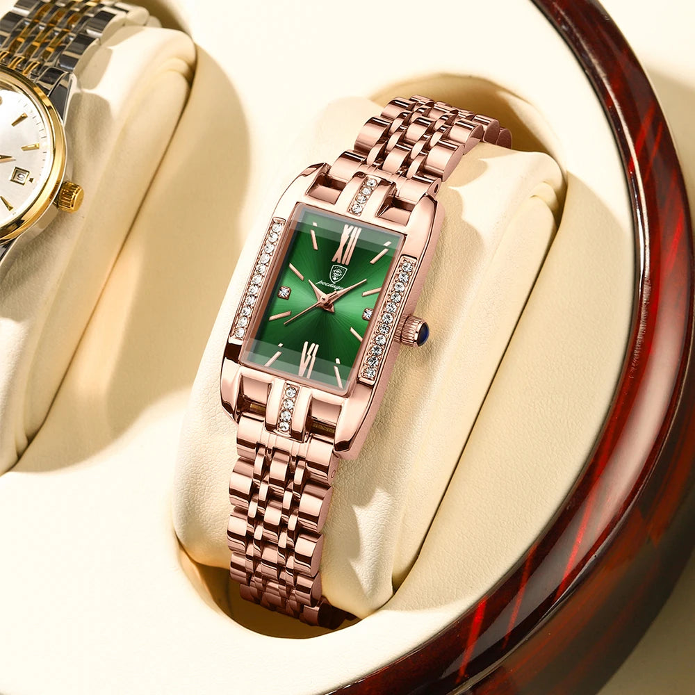Poedagar Green square Watch for Women Luxury Stainless Steel Ladies Quartz Watches Waterproof Fashion Brand Ladies Watches Wrist