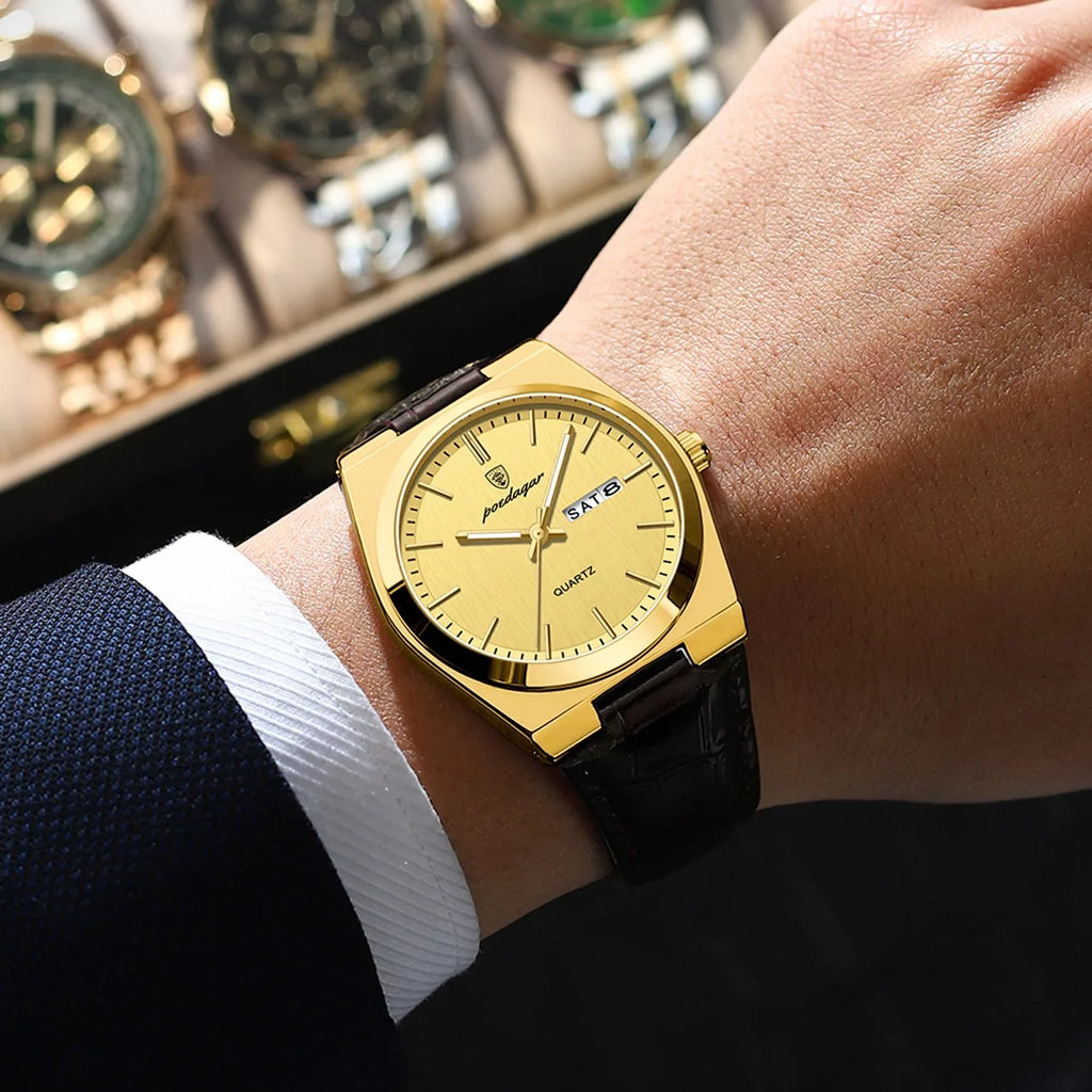 Poedagar 930 Men's Watches Luxury Leather Strap Watch Waterproof Fashion Reloj Luminous Quartz Wristwatch for Men Fast Track