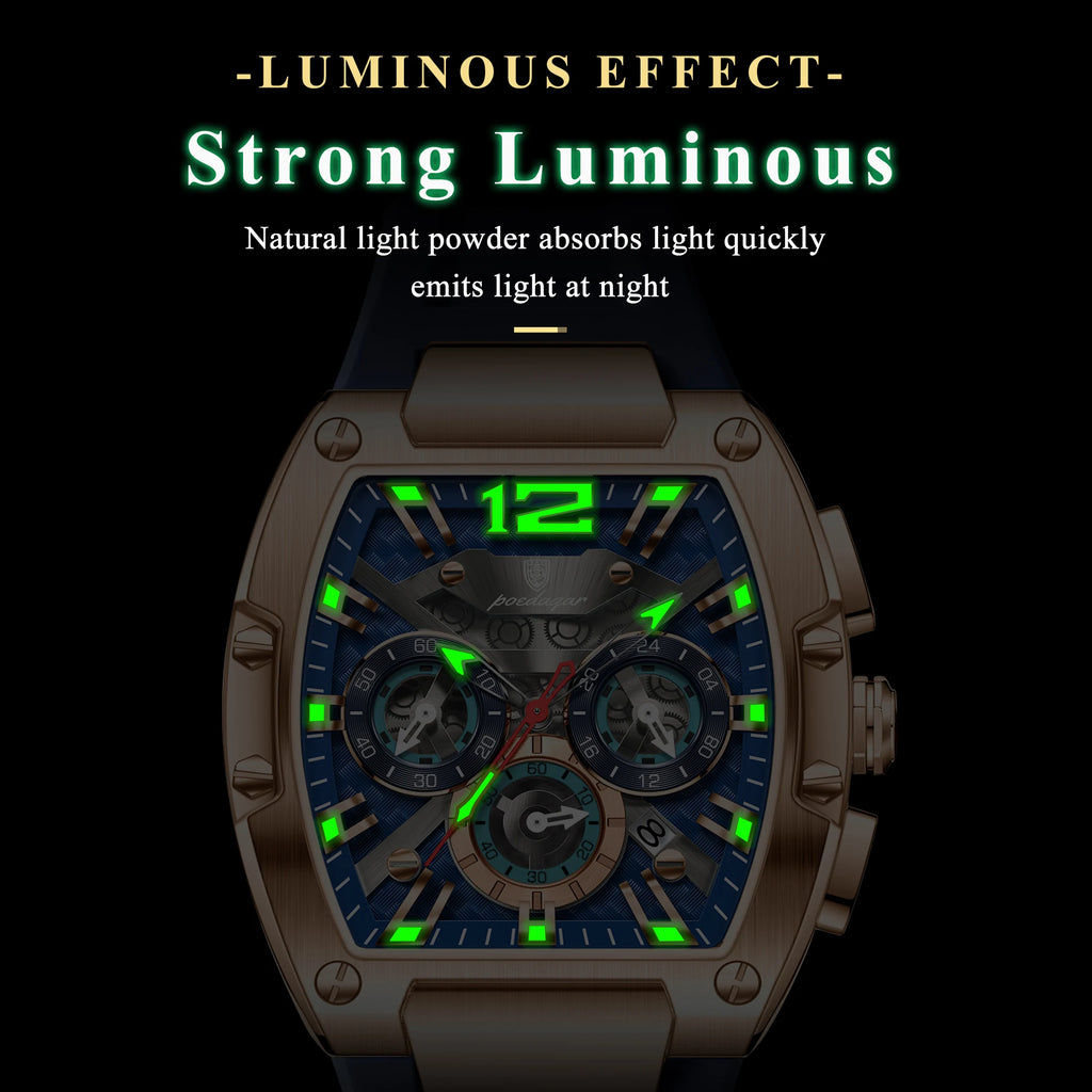Poedagar 9051 Luxury Mens Sport Watch Tonneau Case Silicone Strap Reloj Hombre Waterproof Quartz Watch for Men Factory Direct