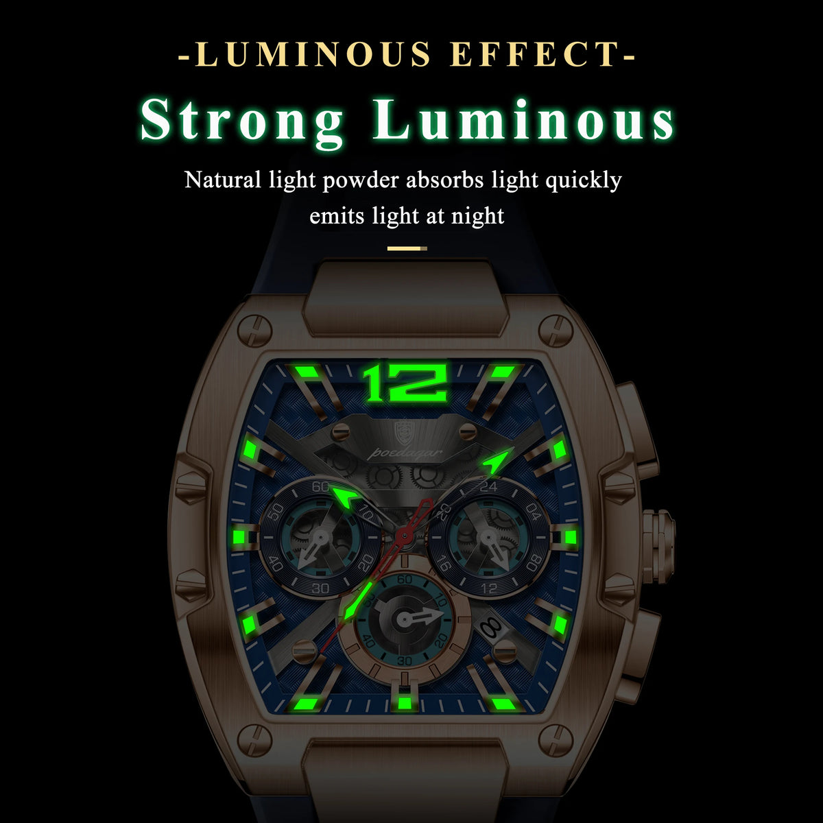 Poedagar 9051 Luxury Mens Sport Watch Tonneau Case Silicone Strap Reloj Hombre Waterproof Quartz Watch for Men Factory Direct