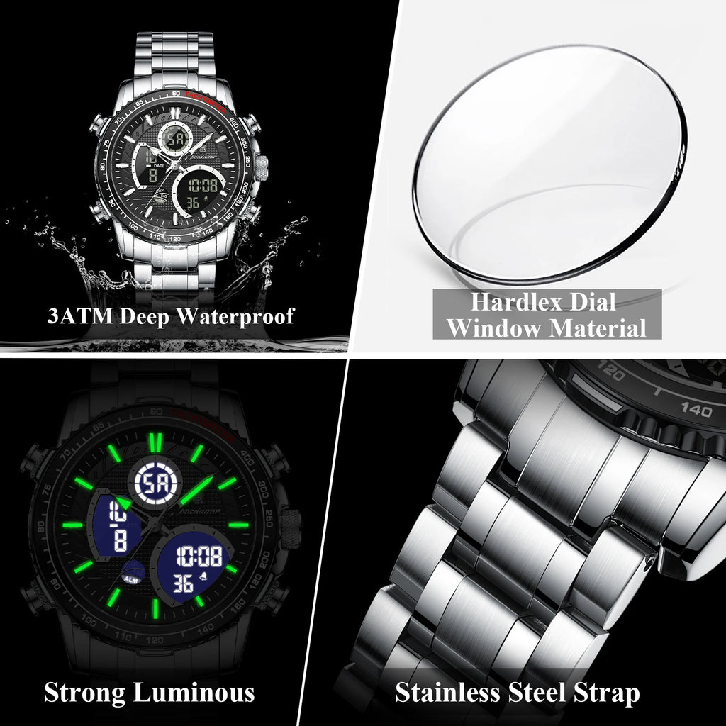 Poedagar E127 Men's Watch Sports Analog-Digital Waterproof Watch Dual Display Luminous Reloj Luxury Stainless Steel Quartz Watch