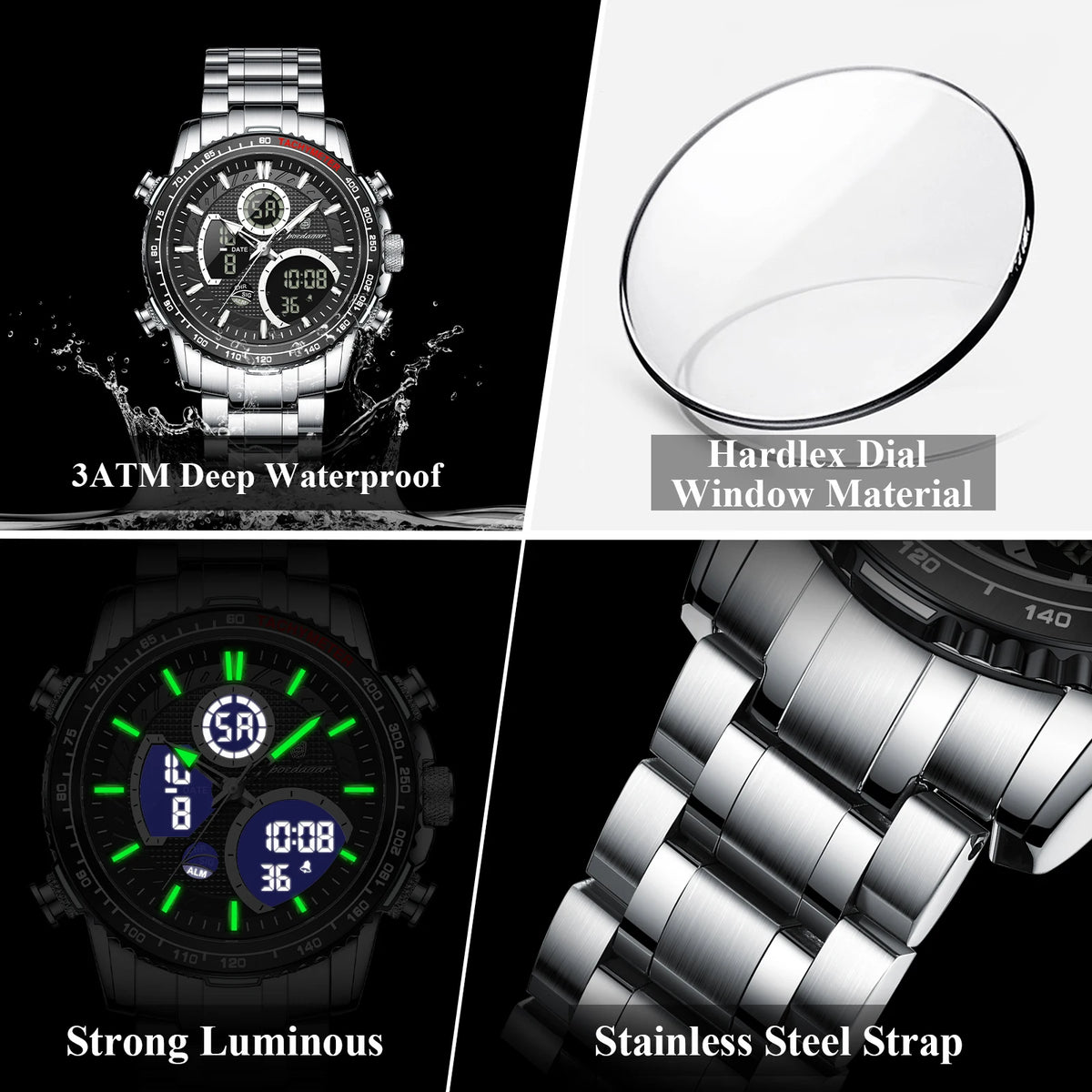 Poedagar E127 Men's Watch Sports Analog-Digital Waterproof Watch Dual Display Luminous Reloj Luxury Stainless Steel Quartz Watch