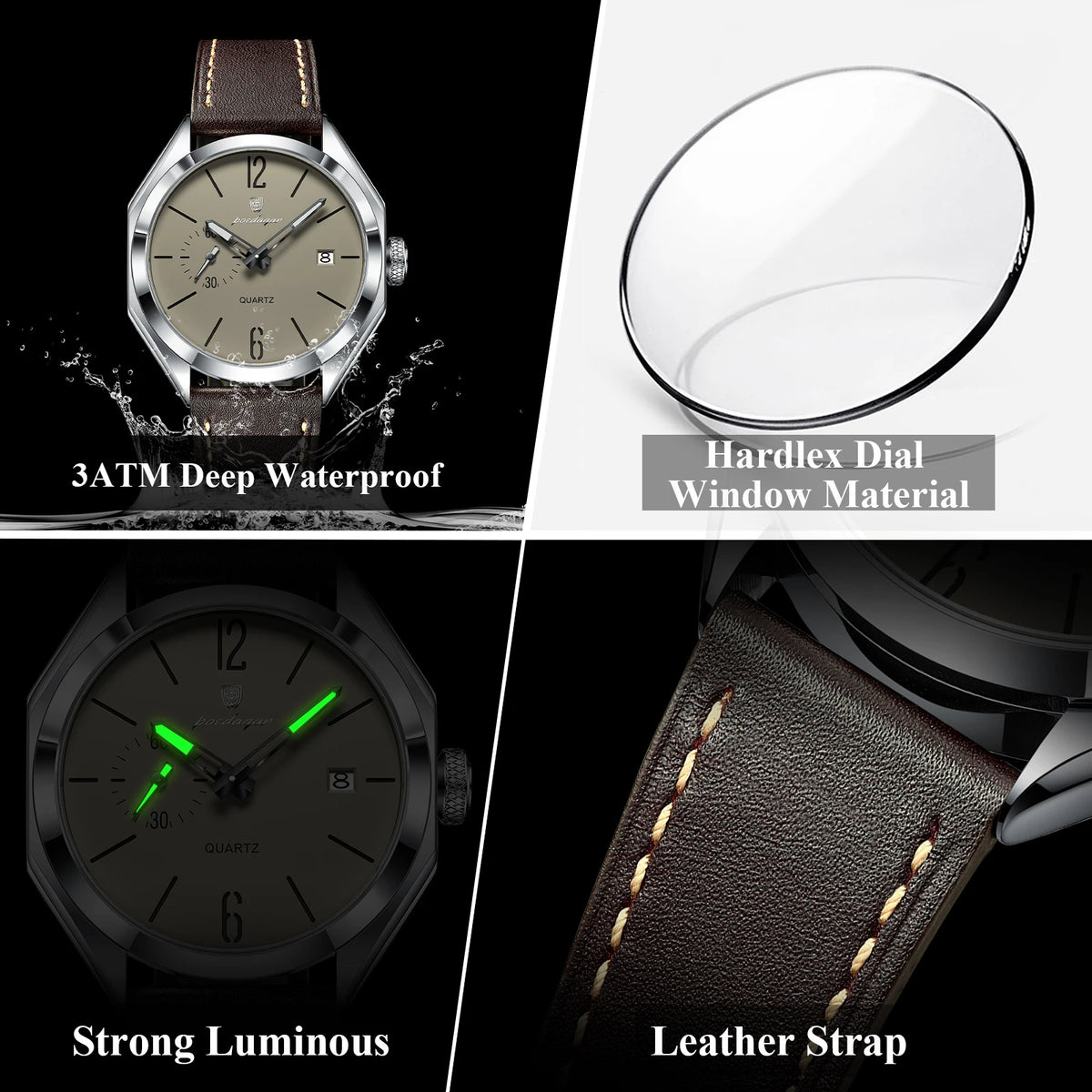 POEDAGAR 689 Men Quartz Watch Luxury Geometric Dial Leather Strap Waterproof Casual Wrist Watch Wholesale