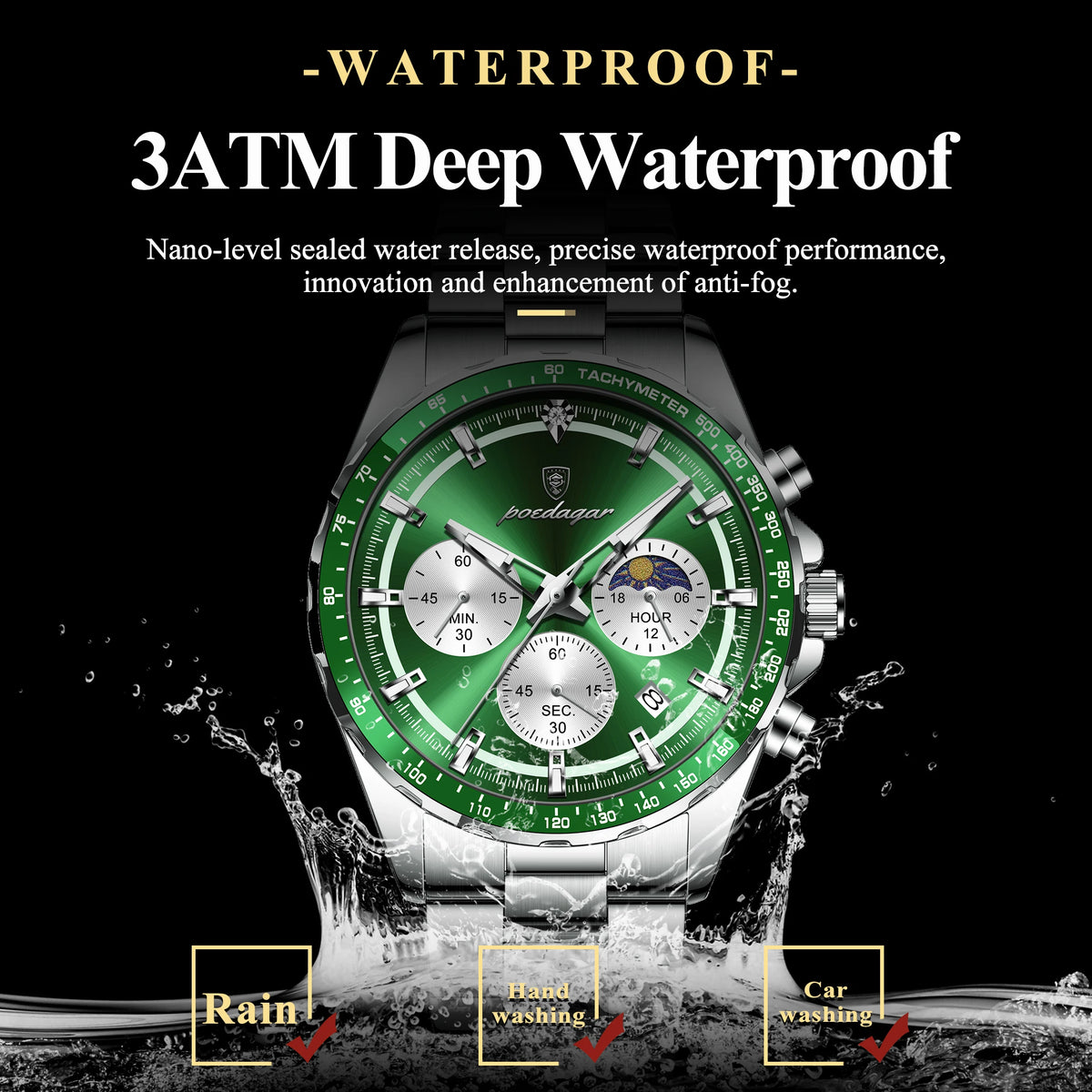 Watch for Men Luxury Poedagar 879 Original Chronograph Quartz Watches Date Waterproof Montre Luminous Stainless Steel Mens Watch