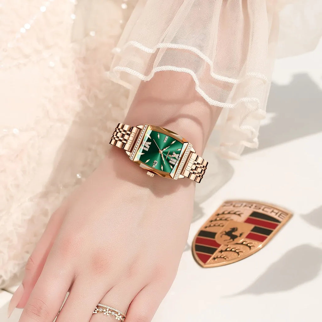 Poedagar 795 Luxury Ladies Watches Diamond Green Dial Stainless Steel Bracelet Montre Waterproof Luminous Quartz Watch for Women