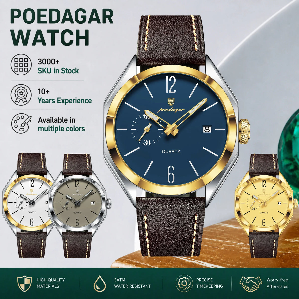 POEDAGAR 689 Luxury Antique Quartz Watch Men Hardlex Dial Leather Strap 3ATM Waterproof Luminous Night Light Business Wristwatch