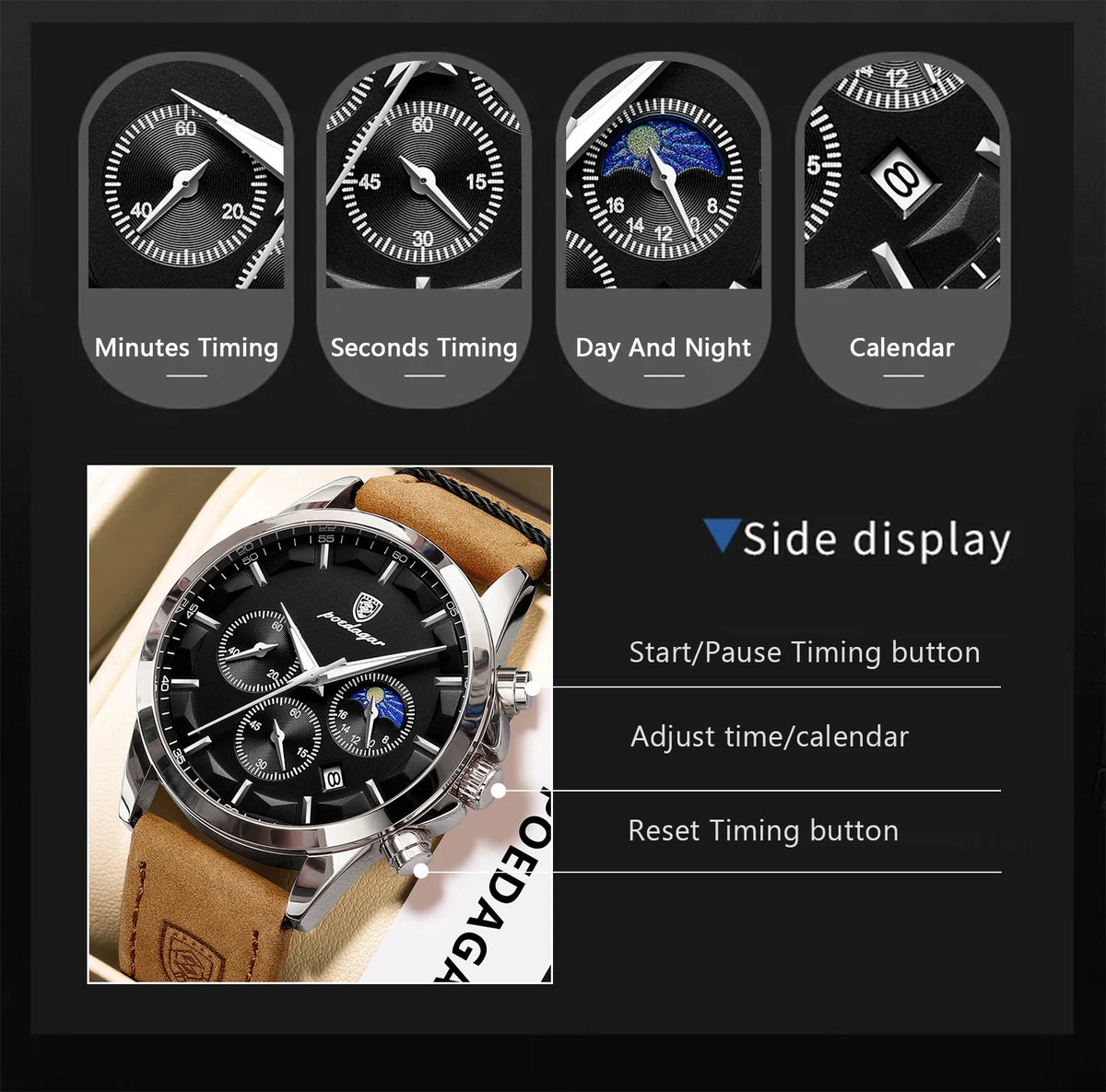 Ready to Ship POEDAGAR 928 Men Watch Luxury Moon Phase Chronograph Leather Strap Luminous Waterproof Watch for Men Montre Homme