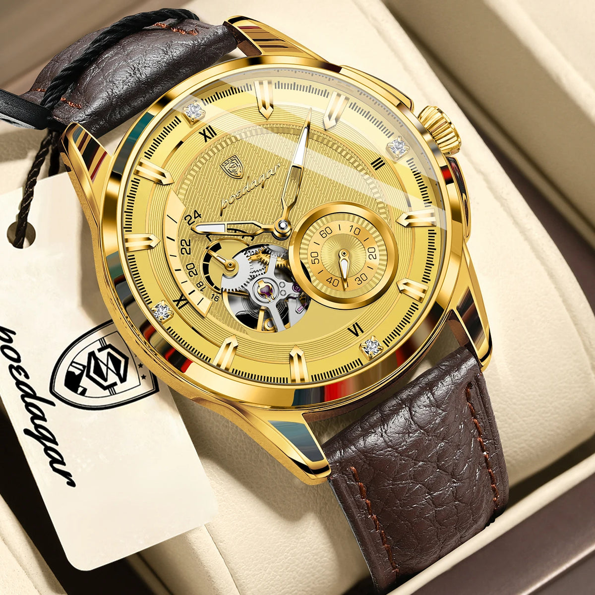 Poedagar 1427 Men Automatic Mechanical Watch Luxury Business Leather Band Luminous 3ATM Daily Waterproof Wristwatch for Men