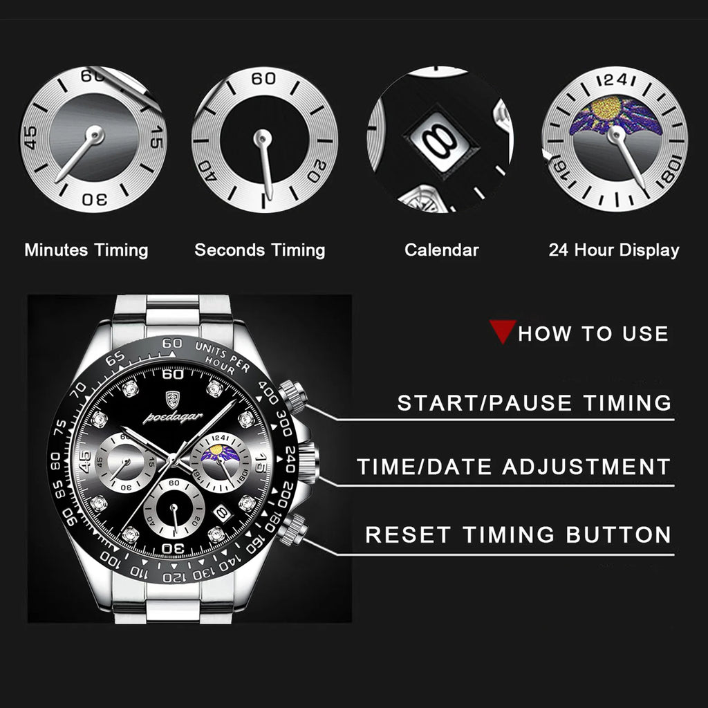 Poedagar New Men Fashion Business Ultra-thin Chronograph Watches Waterproof Calendar Clock Male Stainless Steel Strap Quartz Wat