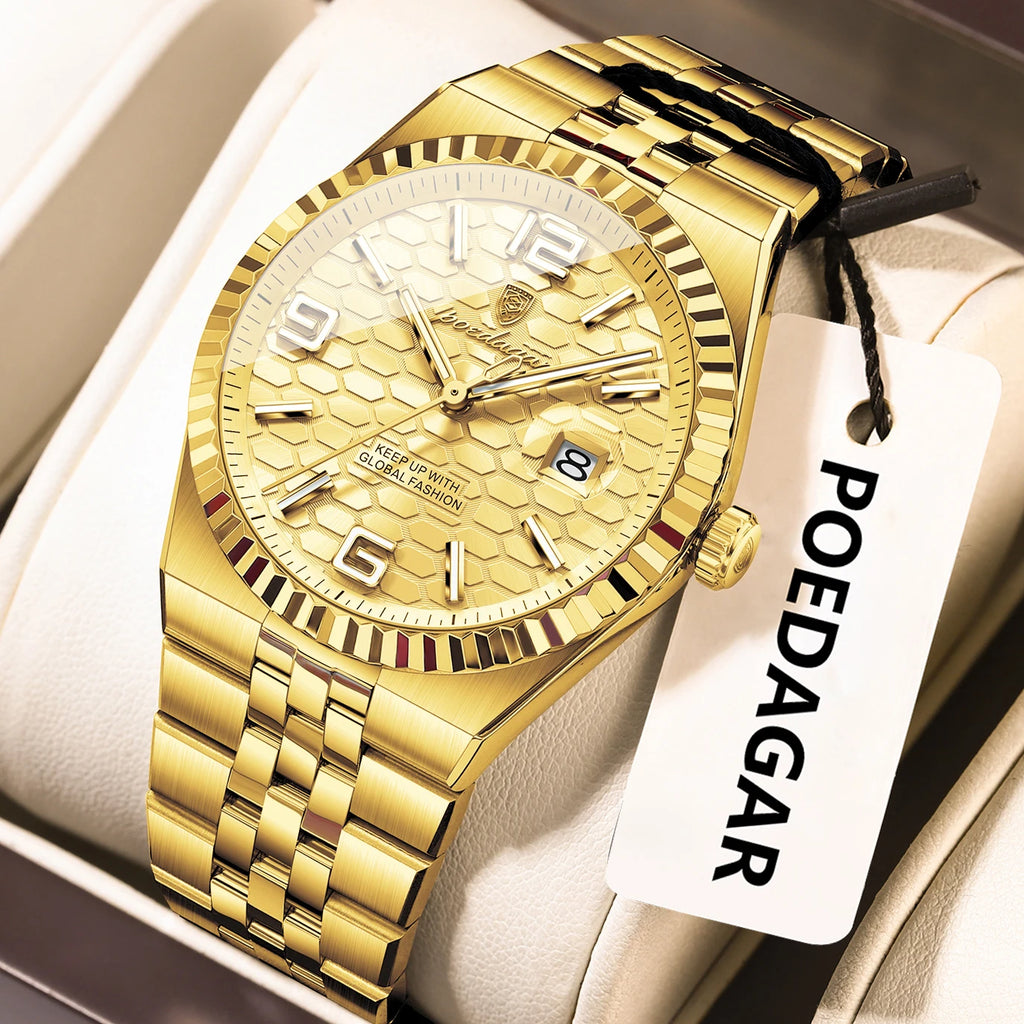 Poedagar High Quality Stainless Steel Quartz Watch Luxury Waterproof Luminous Men's Wristwatch