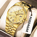 Poedagar 839 Luxury Men's Watch Gold Tone Business Classic Design Fluted Bezel Quartz Waterproof Wristwatch Reloj Montre Homme