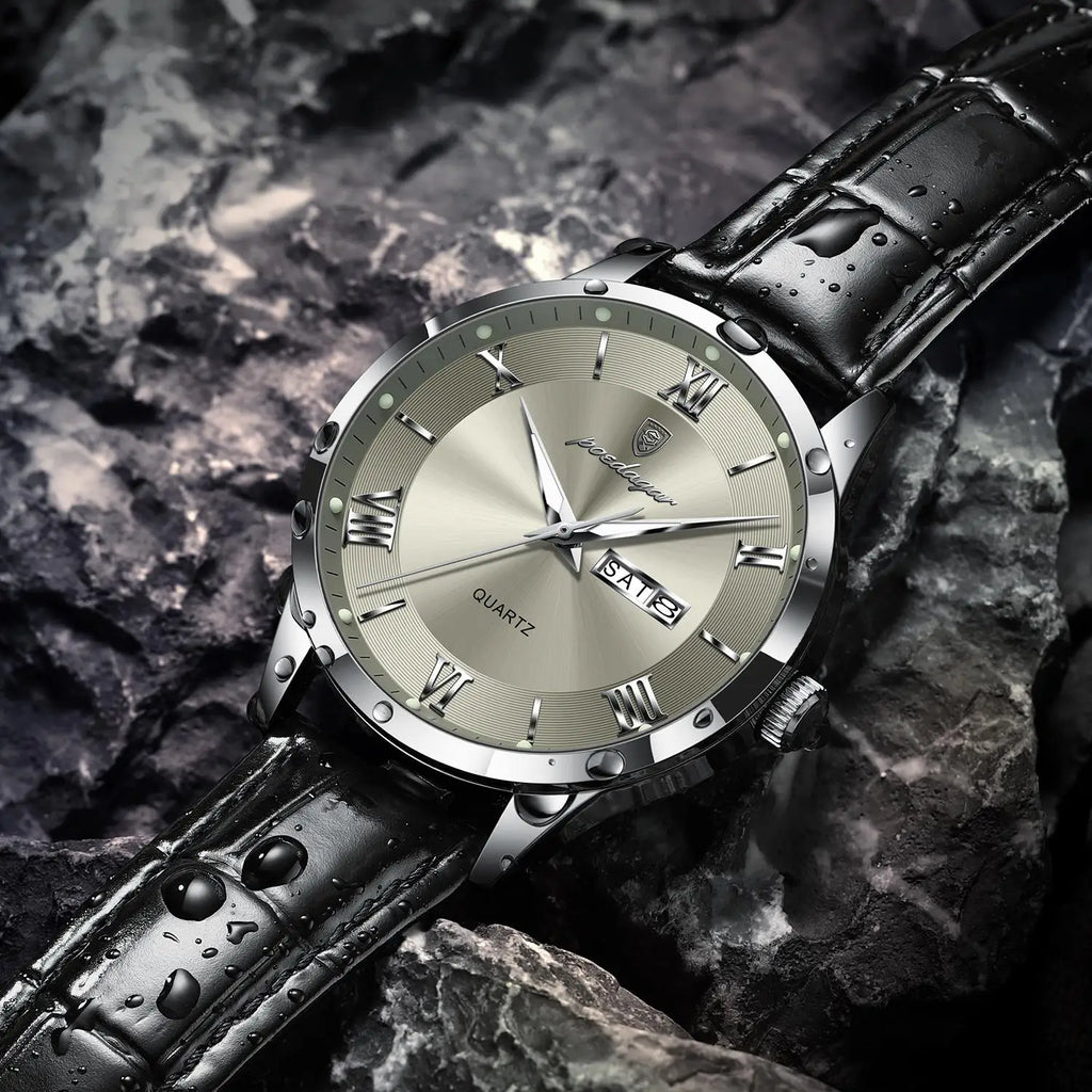 Poedagar 978 Luxury Leather Bracelet Quartz Watch for Men Luminous Waterproof Mens Watch
