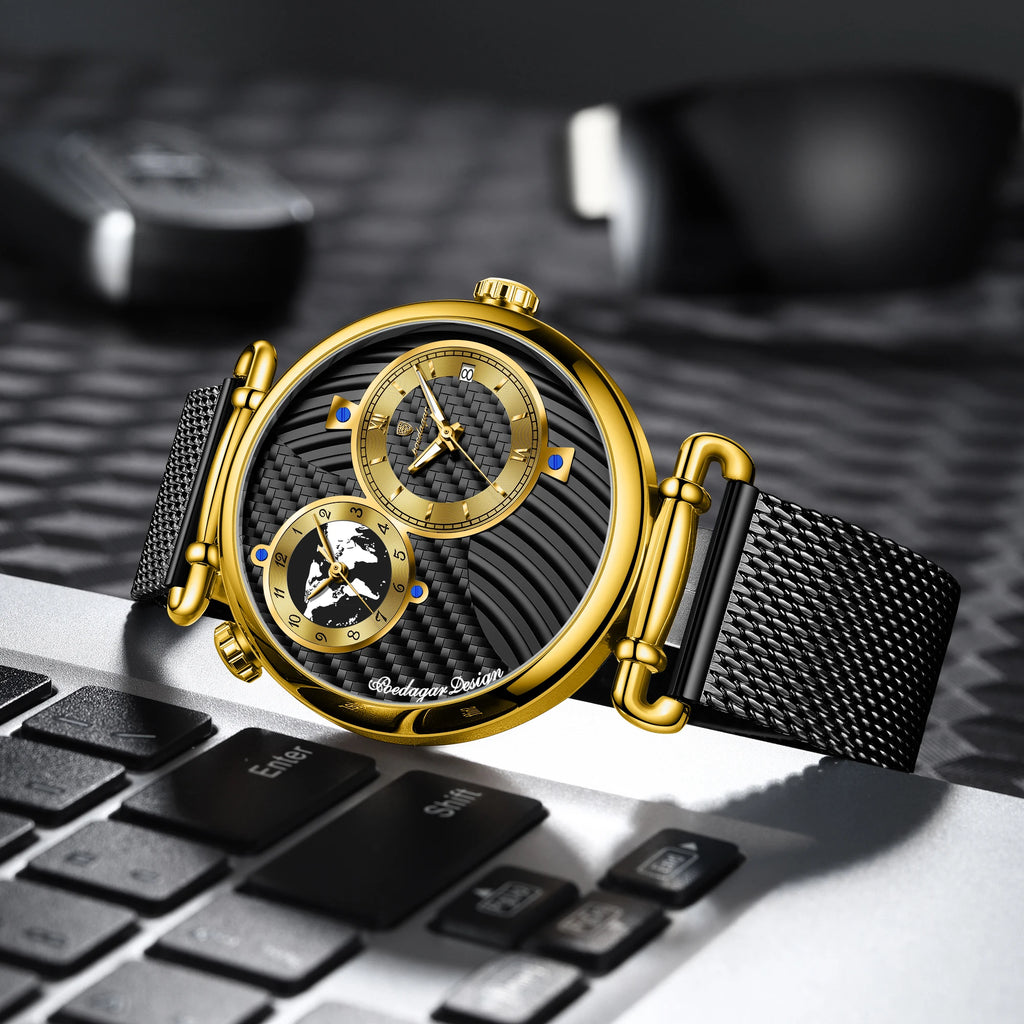 Poedagar 848 Mens Two-Tone Watch Dual Time Zone Retro Dial Mesh Stainless Steel Luminous Waterproof Formal Business Montre Homme