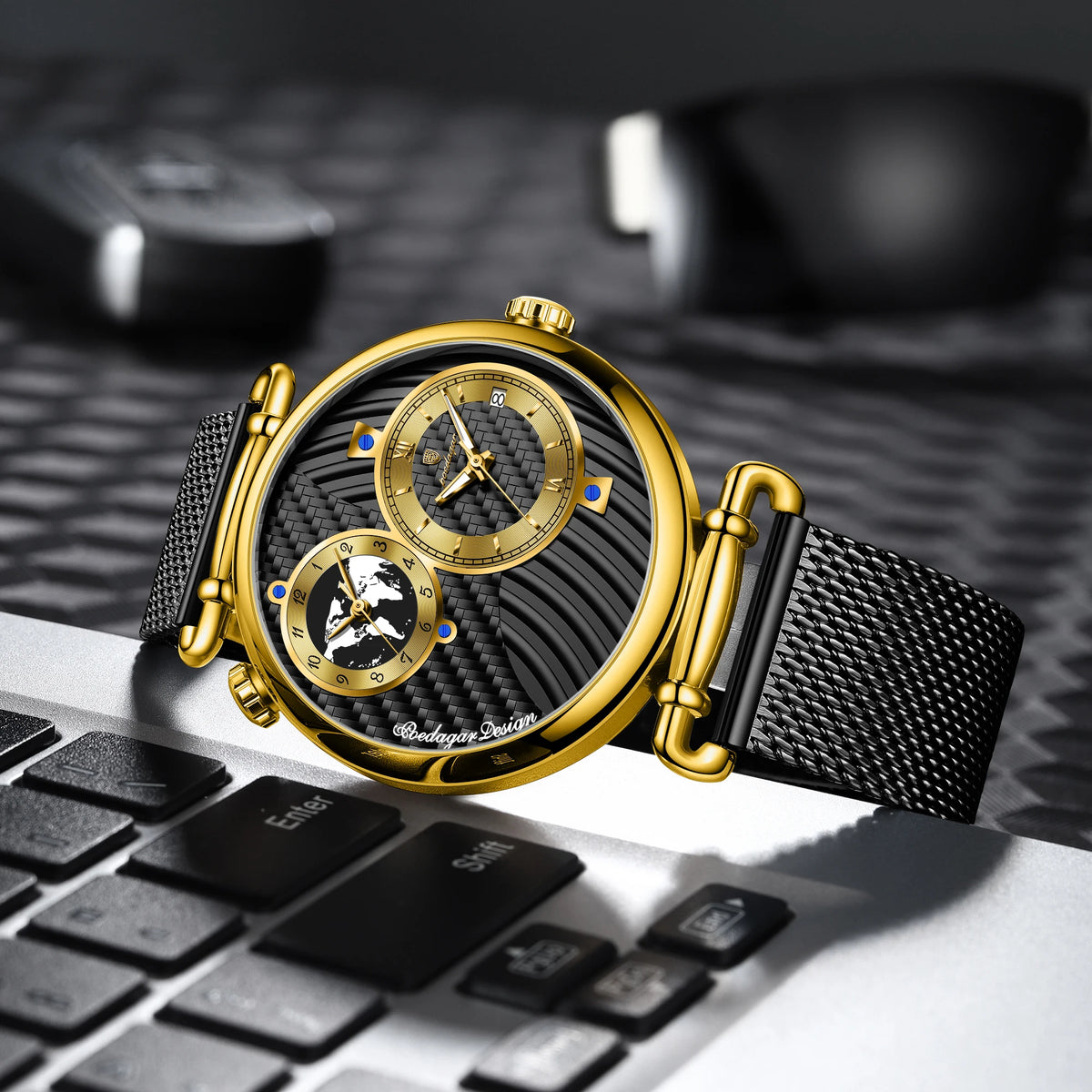 Poedagar 848 Mens Two-Tone Watch Dual Time Zone Retro Dial Mesh Stainless Steel Luminous Waterproof Formal Business Montre Homme
