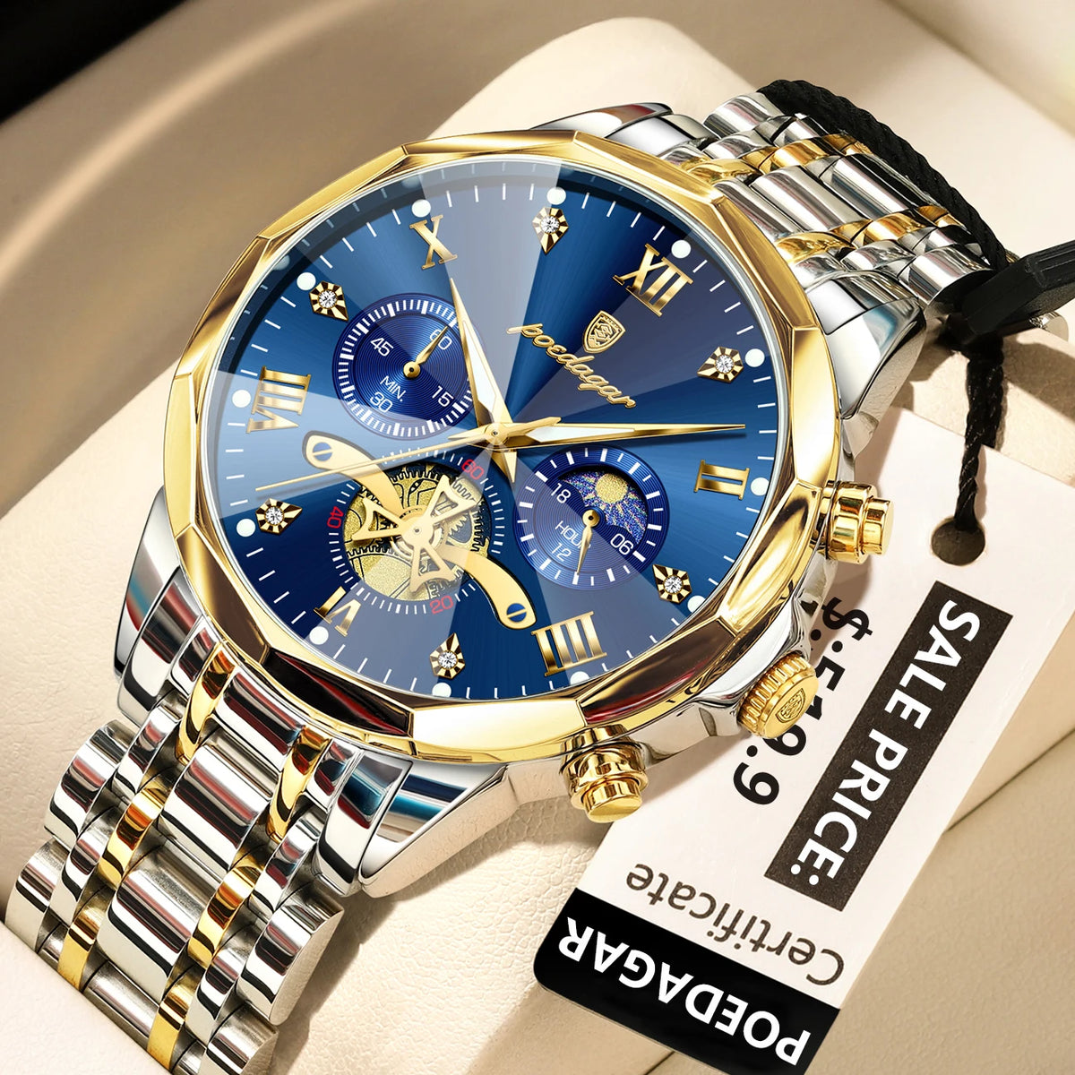 Poedagar 938 Men's Luxury Stainless Steel Chronograph Quartz Watch Waterproof Luminous with 42mm Alloy Dial Watch for Men