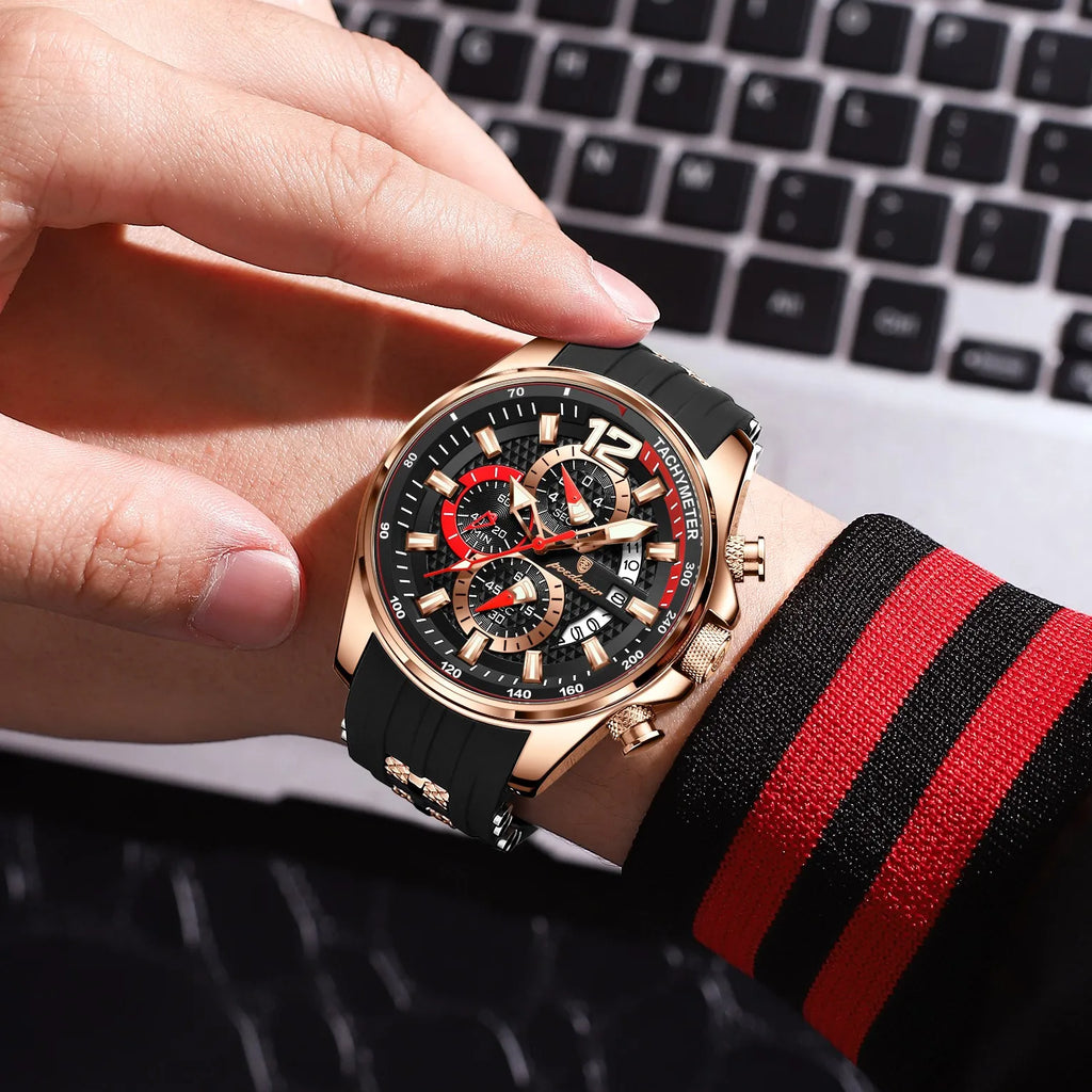 Poedagar 898 Men Sports Watch Chronograph Quartz Wristwatch Silicone Strap Trendy Reloj Luminous Waterproof Watch for Men