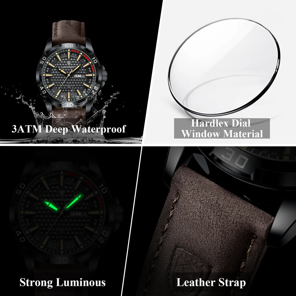Poedagar Luxury Waterproof Luminous Sport Leather Quartz Watch for Men