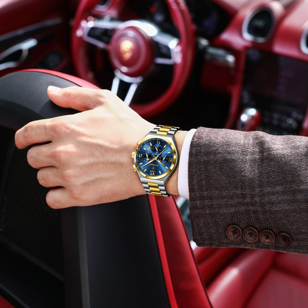 Poedagar New Fashion Men's Quartz Watch 42MM Dial Waterproof Multi-Functional Chronograph Stainless Steel Watch for Men