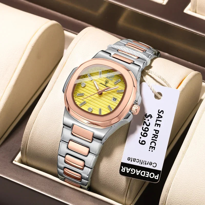 Poedagar Factory Wholesale Montre Female Square Stainless Steel Ladies Quartz Watches Waterproof Luminous Date Watch for Women