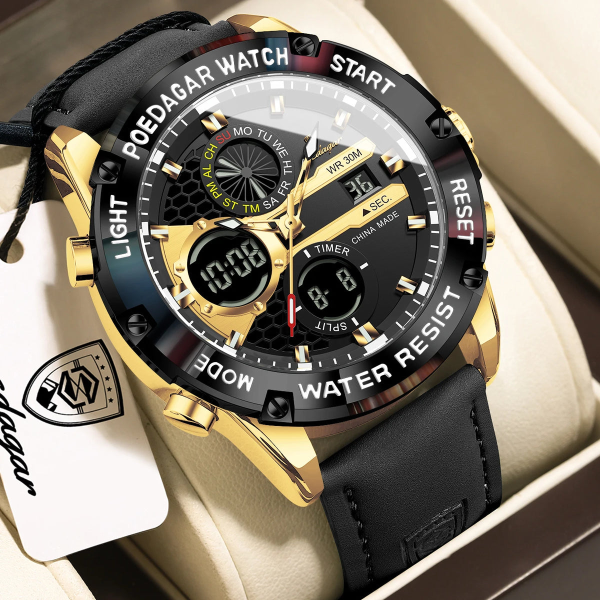 Poedagar E125 Mens Watch Dual Display Digital Analog Waterproof Montre Homme Luminous Leather Strap Sports Wristwatch for Men